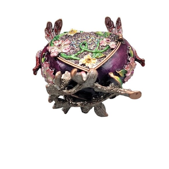 Heart Trinket Box Purple Enamel Pave Rhinestone Acccent Flowers Dragonflies - Picture 6 of 16